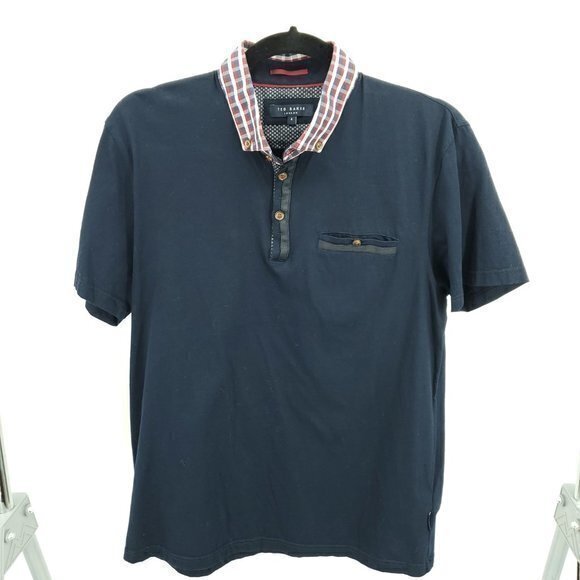 Men's Ted Baker 100% Cotton Short Sleeve Knit Polo L Navy Blue/Plaid Collar - Picture 1 of 15